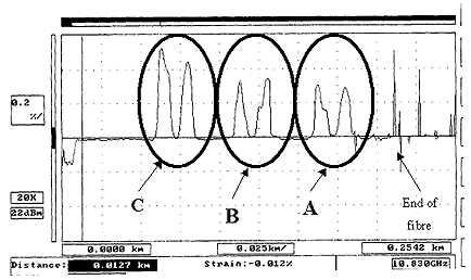 Scan of the strain profile in the fibres with a 7.5 ton load applied